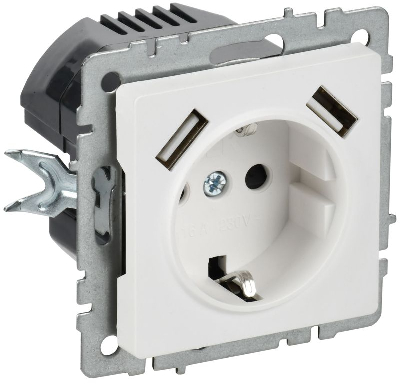 Розетка BRITE РЮш10-1-БрАБ 16А с USB A+A 2.1А с заземл. защ. шторки механизм арктич. бел. IEK BR-R14-16-U21-D21-K91