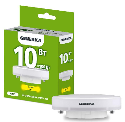 Лампа светодиодная T80 10Вт таблетка 3000К GX53 230В GENERICA LL-T80-10-230-30-GX53-G