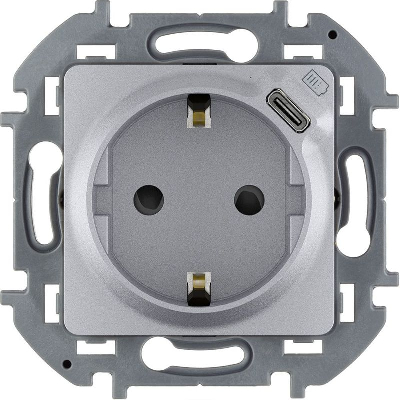 Розетка 1-м СП Inspiria 16А IP20 250В 2P+E немецк. стандарт с заряд. устр. USB тип C 1.5А 5В механизм алюм. IEK 673772