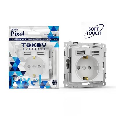 Розетка 1-м СП Pixel IP20 с заземл. с 2-мя заряд. устр. USB тип A+A механизм айс TOKOV ELECTRIC TKE-PX-R1U2A-C34