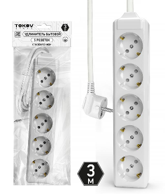 Удлинитель 5х3м с заземл. 10А 3х1.5 TOKOV ELECTRIC TKL-C01-BU5-3-1.5-Z