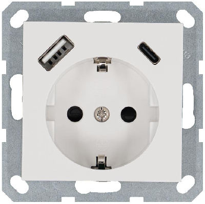 Розетка Shuko 16А с заземл. защ. шторки с 2-мя заряд. устройствами USB тип A+C 25Вт механизм бел. глянцевый Jasmart G5501USB-25W